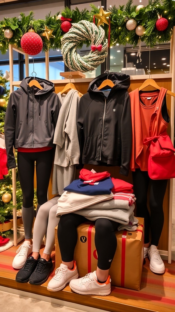 A collection of Lululemon athletic wear and accessories displayed with holiday decorations.